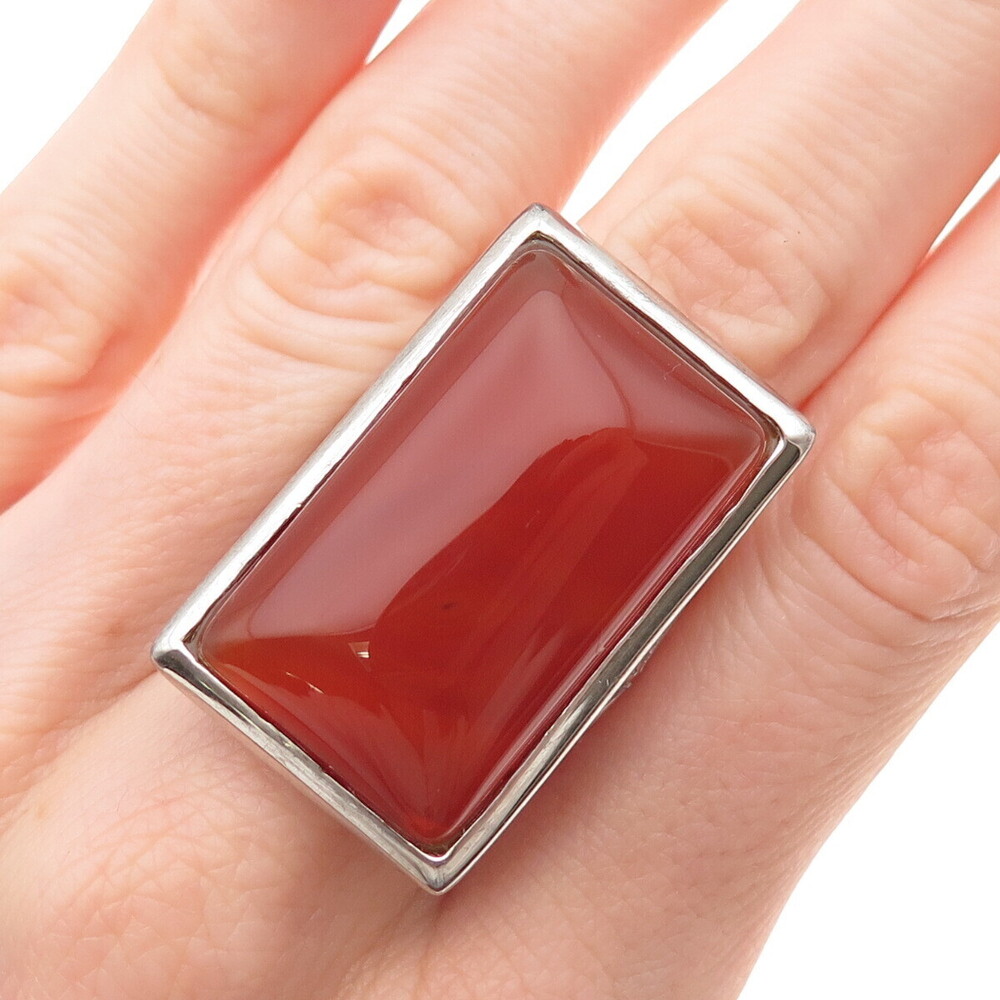 Ken Crafts 925 Sterling Silver Real Red Agate Floral Scroll Ring Size 9